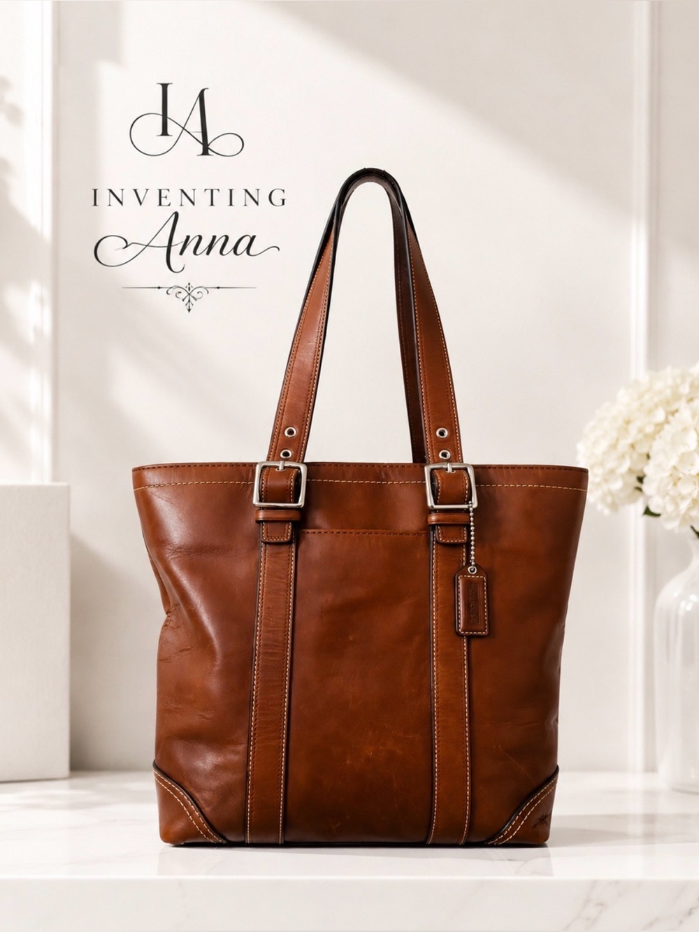 Natural Leather Cognac Handbag w/Beige Interior, Silver Hardware, Purse Scarf